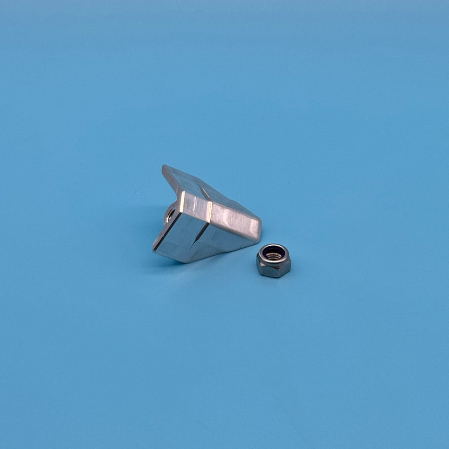 Raw aluminum CNC replacement locking wedge for Thule Helium Platform XT bike rack, with nylon lock nut.