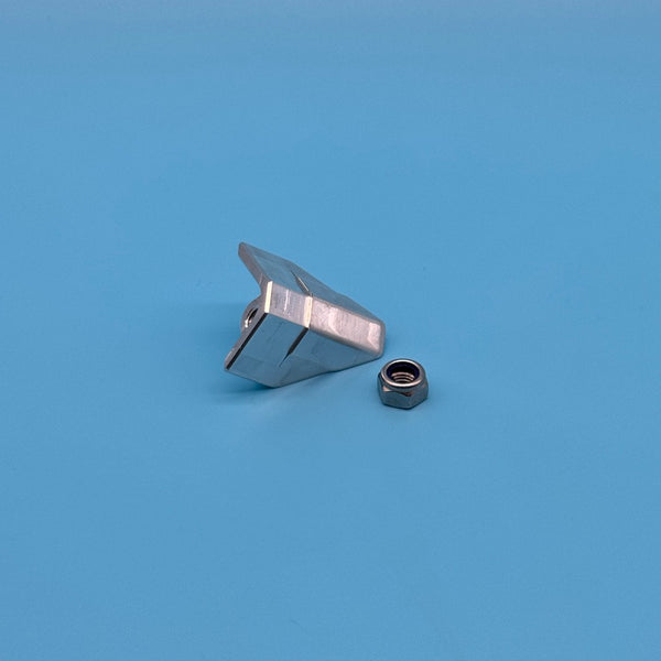 Raw aluminum CNC replacement locking wedge for Thule Helium Platform XT bike rack, with nylon lock nut.