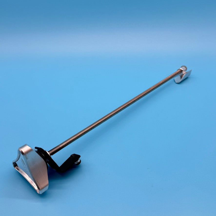 Raw aluminum CNC wedge handle with threaded rod, black L-bracket and metal end for Thule T2 bike rack.