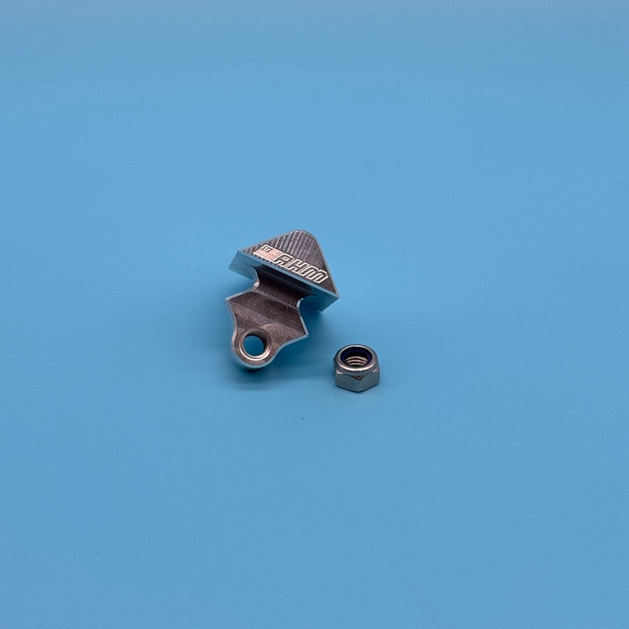 Bare aluminum CNC locking wedge repair part for Thule T2 bike rack, AHM-engraved, with nylon lock nut.