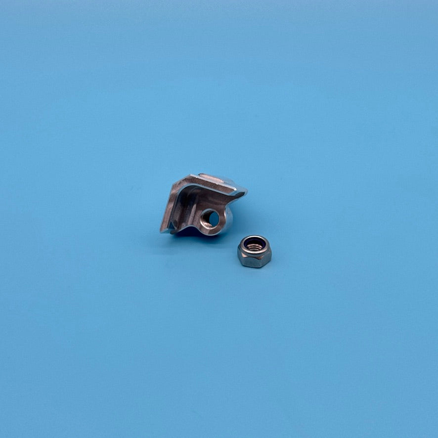 Side profile of bare aluminum replacement locking wedge for Thule Helium Platform XT, with nylon lock nut.