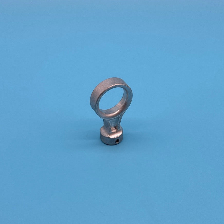 Alternate angle of raw aluminum Mazda MX-5 Miata dipstick handle, ring pull above set-screw collar.