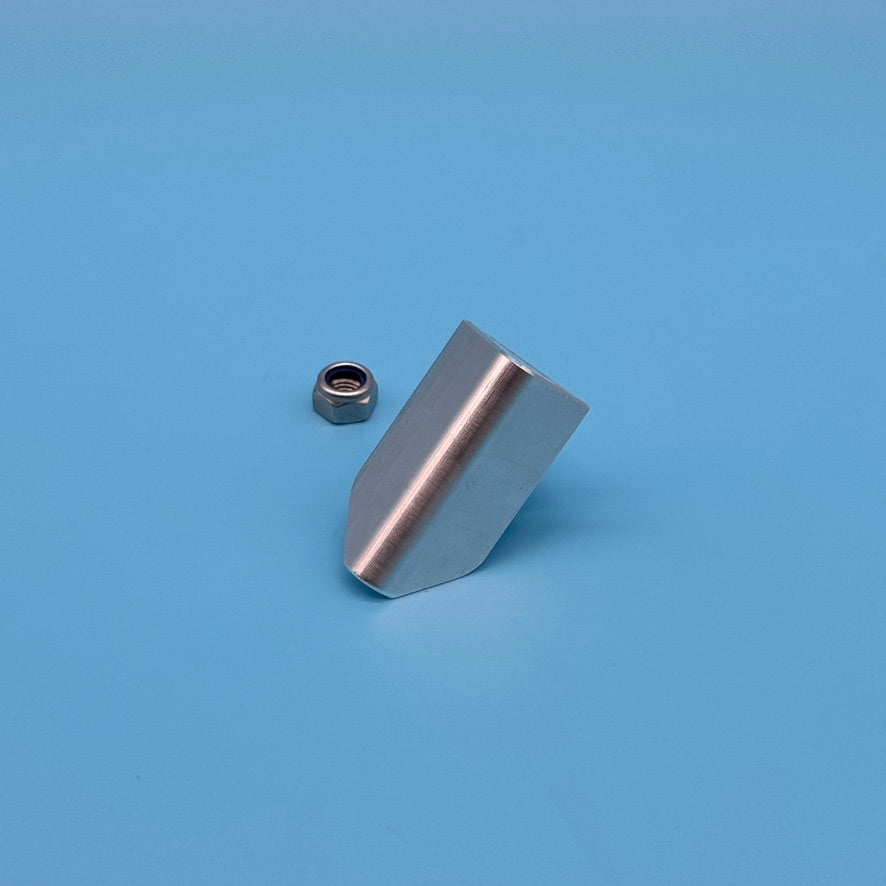 Bare aluminum Thule T2 bike rack locking wedge, tapered profile view, paired with nylon-insert lock nut.