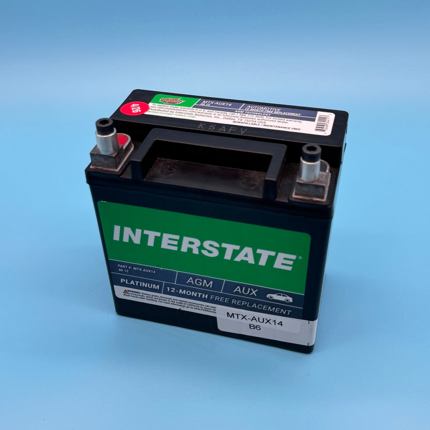 Interstate MTX-AUX14 AGM auxiliary battery used with the Jaguar/Land Rover LR4 terminal adapter kit.