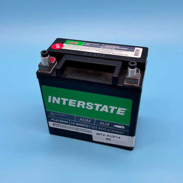 Interstate MTX-AUX14 AGM auxiliary battery used with the Jaguar/Land Rover LR4 terminal adapter kit.