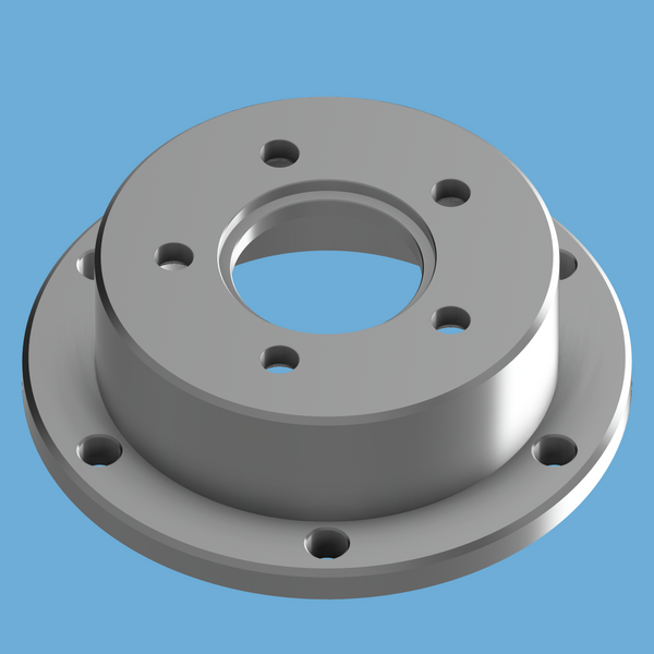 Bare aluminum CNC Mainline ProHub dyno adapter for C8 Corvette, angled view of five-bolt circle.