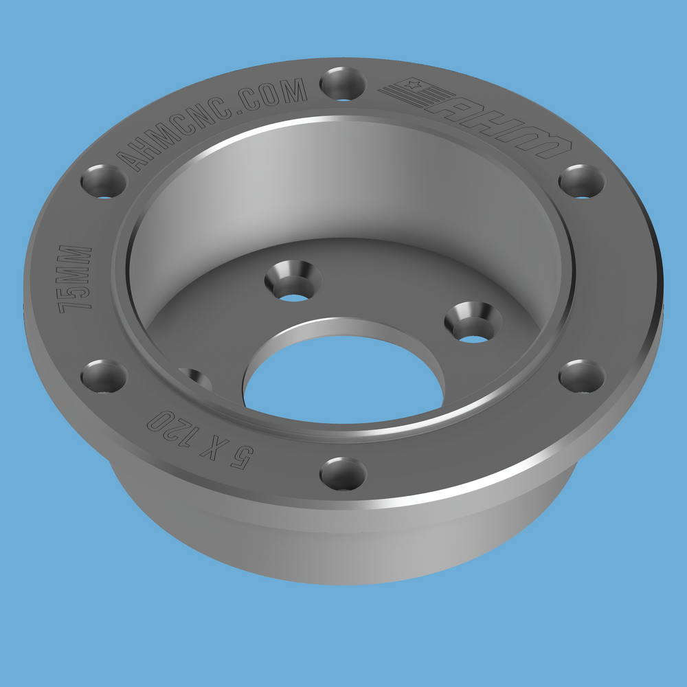 Top view of CNC ProHub C8 Corvette dyno adapter engraved AHMCNC.COM, 5x120 pattern and 75mm bore.