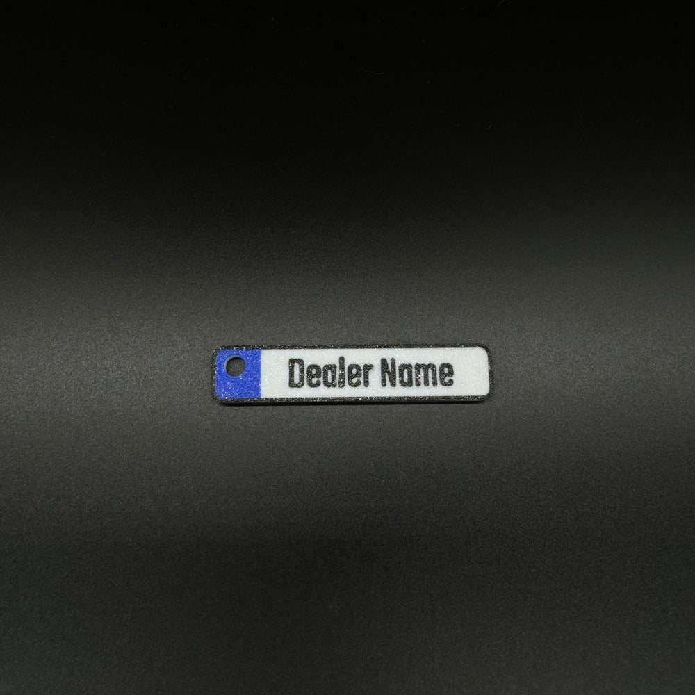 Single euro-plate keychain, white with blue tab and hole, reading Dealer Name in black.