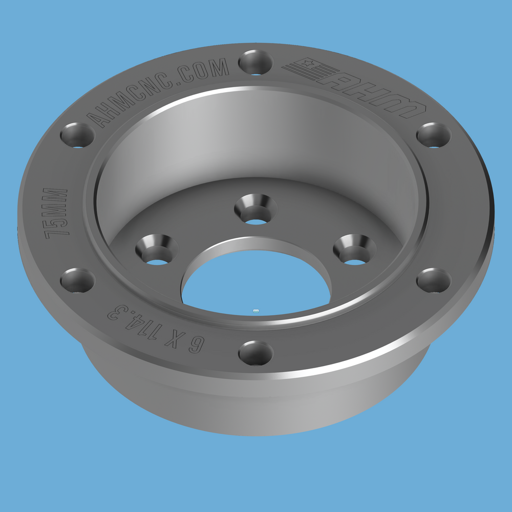Top view of CNC ProHub PH10 Dodge Viper dyno adapter engraved AHMCNC.COM, 6x114.3 and 75mm bore.