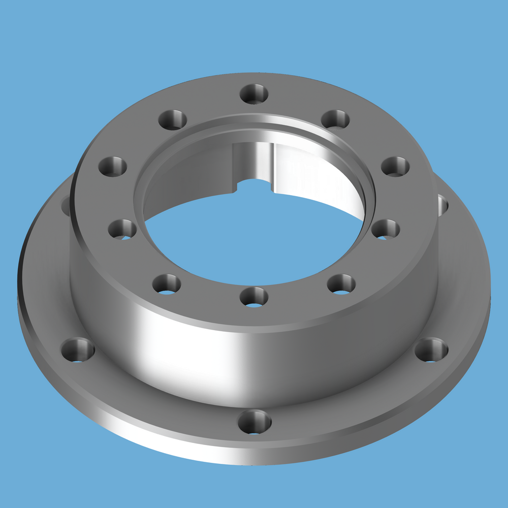 Bare aluminum CNC Mainline ProHub PH14 dyno adapter for Land Cruiser and Dodge Ram, keyed center bore.