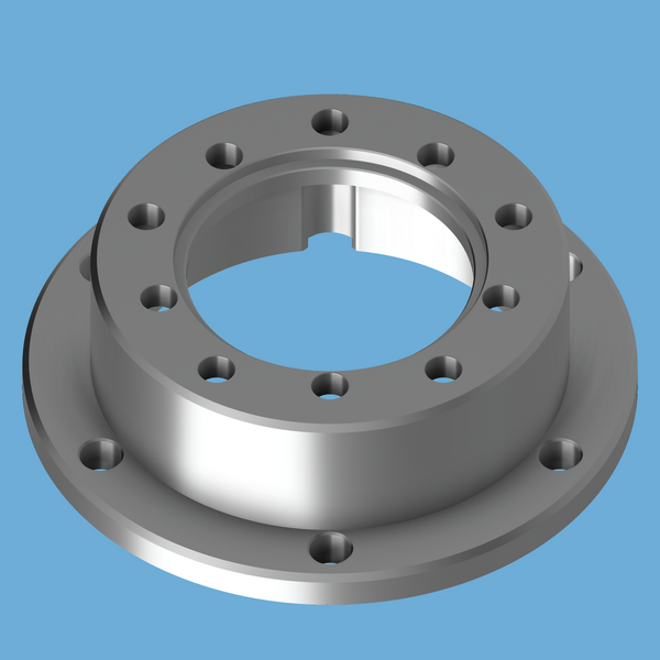Bare aluminum CNC Mainline ProHub PH14 dyno adapter for Land Cruiser and Dodge Ram, keyed center bore.