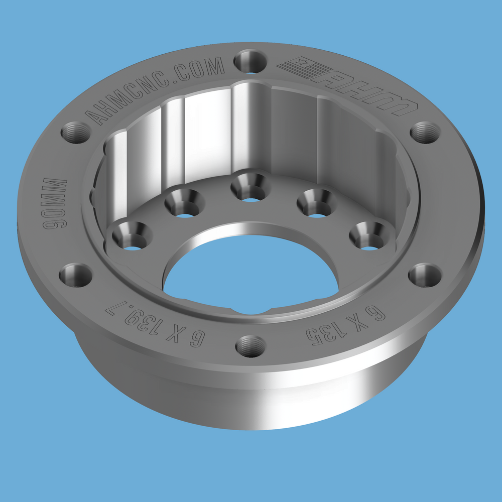 CAD render of Mainline ProHub PH4 dyno adapter engraved AHMCNC.COM, 90MM, 6x135 and 6x139.7 bolt patterns.