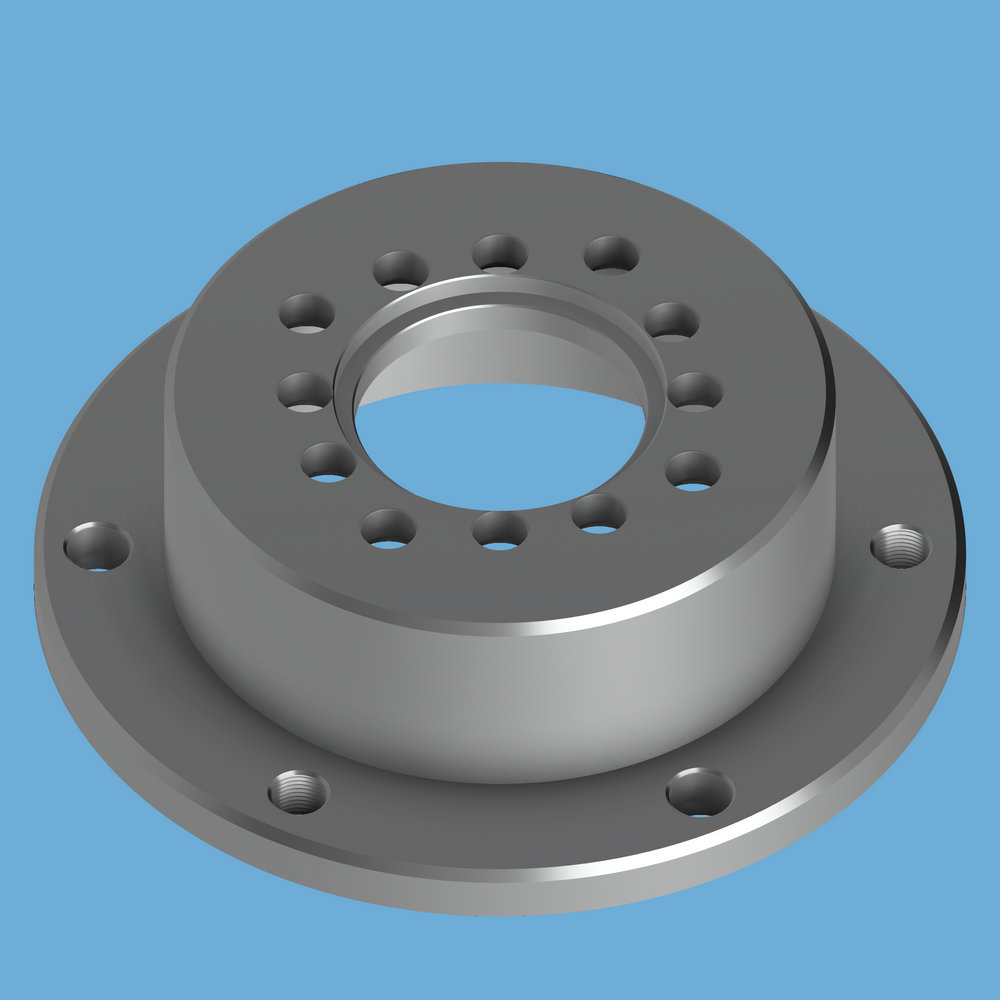 Bare aluminum CNC Mainline ProHub PH5 dyno adapter for Honda, Mazda, Hyundai, angled view of bolt circle.