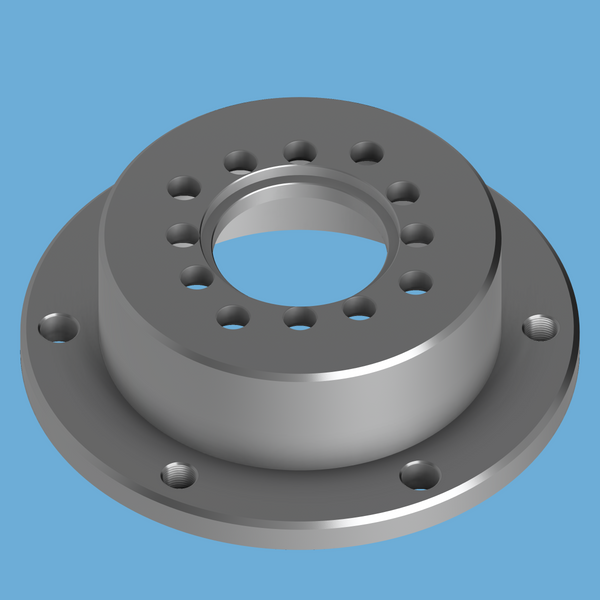 Bare aluminum CNC Mainline ProHub PH5 dyno adapter for Honda, Mazda, Hyundai, angled view of bolt circle.