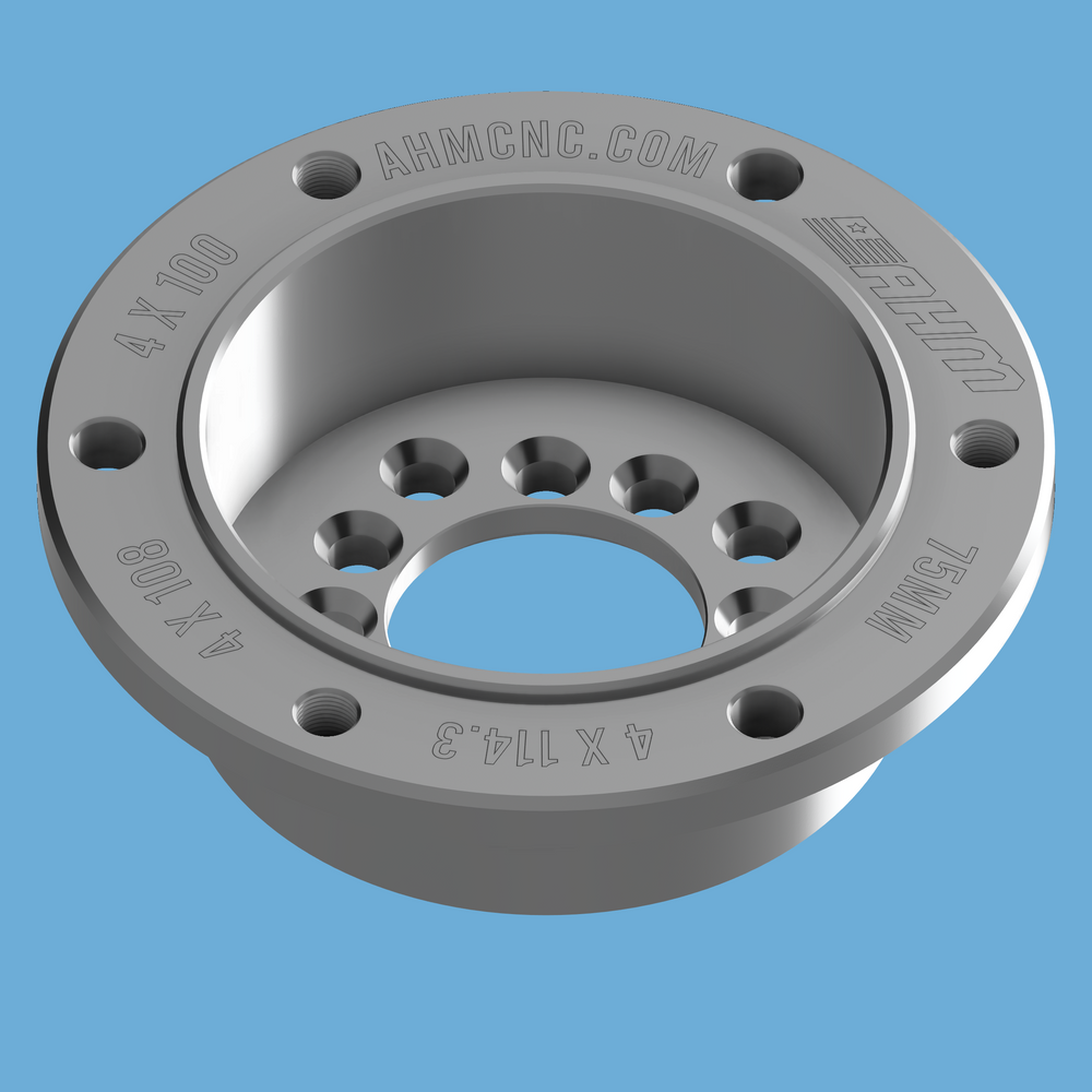 Top view of CNC ProHub PH5 dyno adapter engraved AHMCNC.COM with 4x100, 4x108, 4x114.3 and 75mm specs.