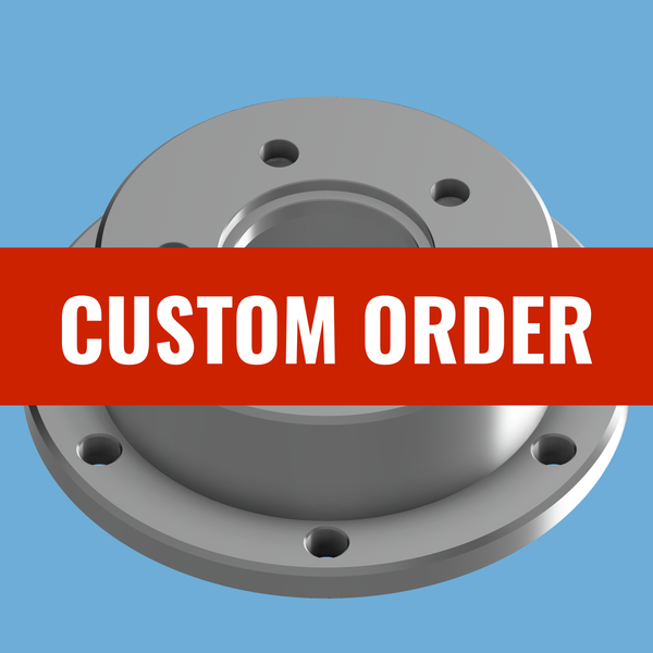 Bare aluminum CNC custom Mainline ProHub dyno adapter blank with red CUSTOM ORDER banner overlay.